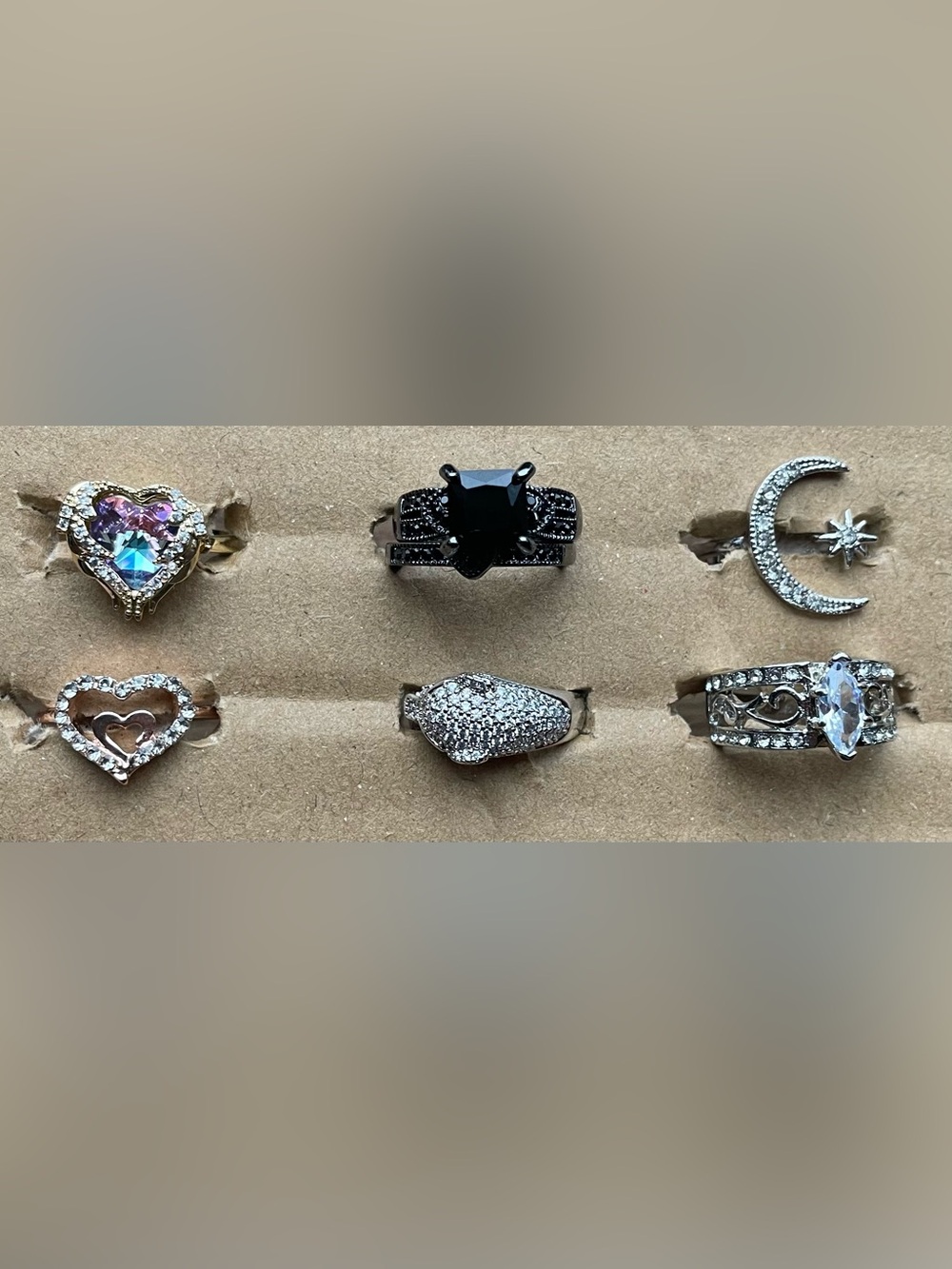 Women's Ring Lot 7 Pc Size 7 Costume Black Gothic Wedding Leopard Moon Heart